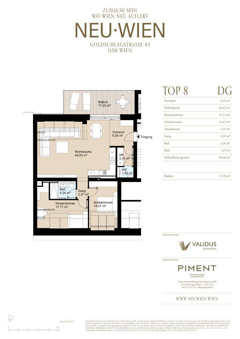 Grundriss einer Wohnung mit offener Wohnküche, zwei Schlafzimmern, Bad, separatem WC und einem Balkon.