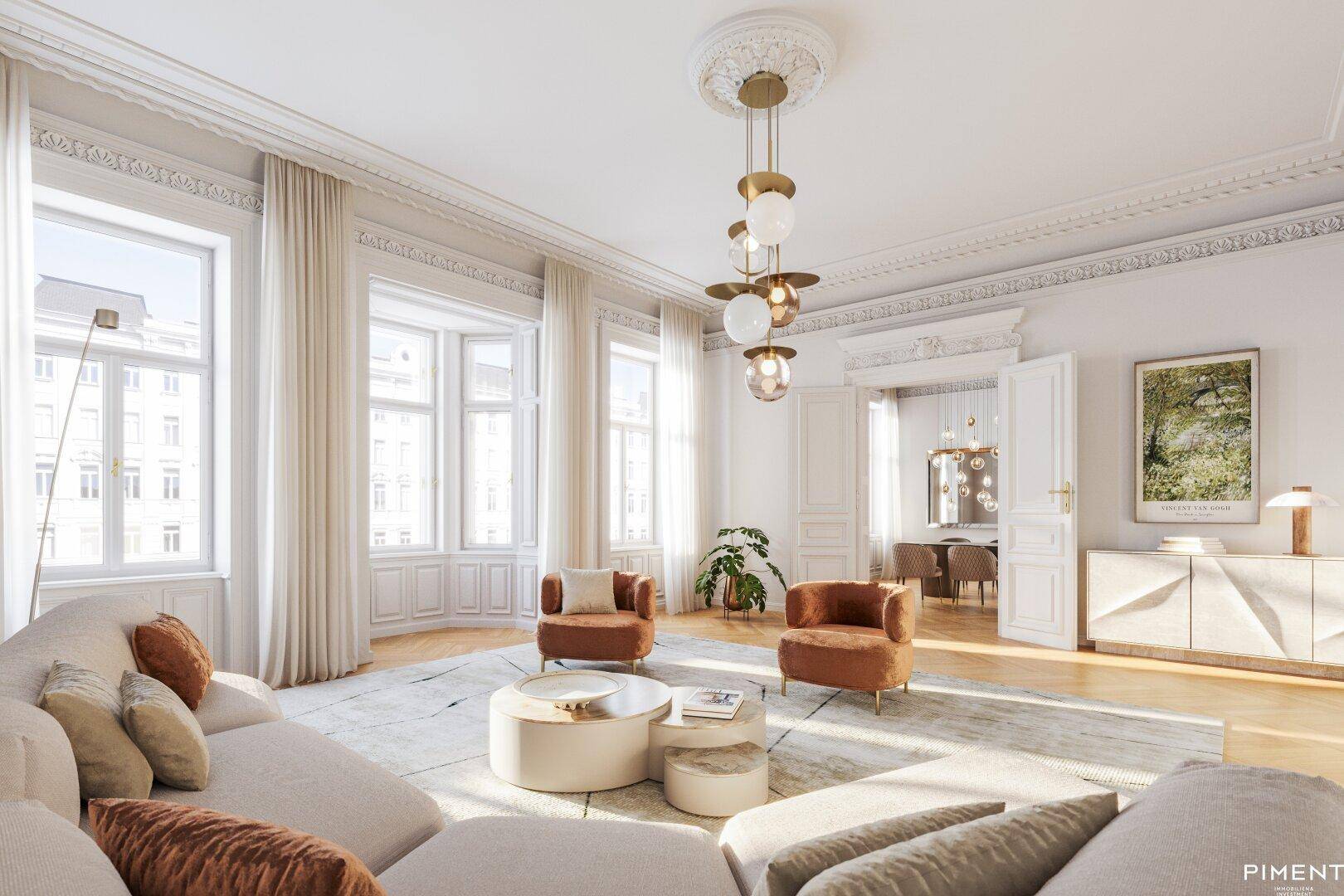 Helles, elegantes Wohnzimmer mit hohen Decken, Stuckverzierungen und angrenzendem Essbereich.