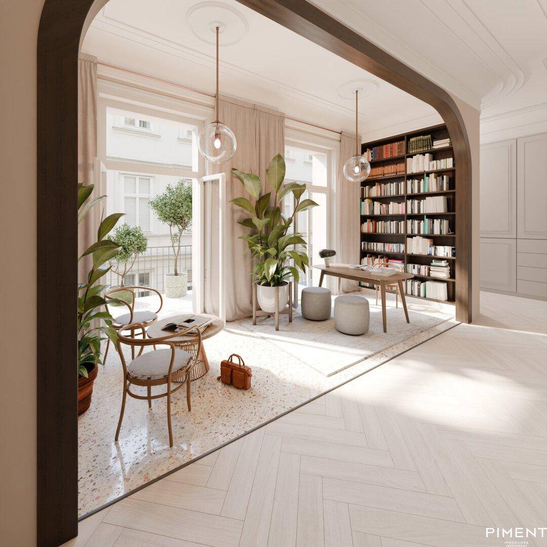 Stilvolles Arbeitszimmer mit großer Bücherwand, Schreibtisch und Zugang zu einem kleinen Balkon.
