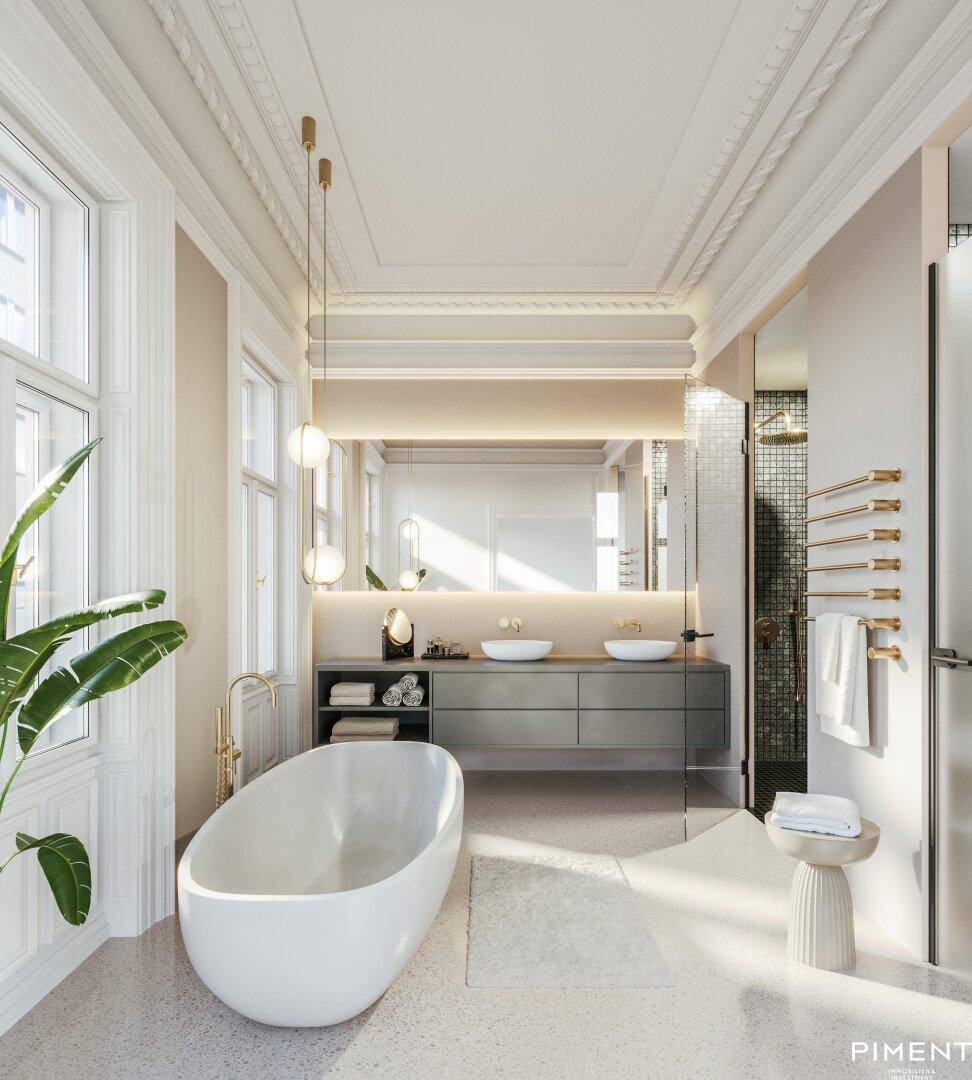 Modernes Badezimmer mit freistehender Badewanne, Doppelwaschbecken und Dusche.