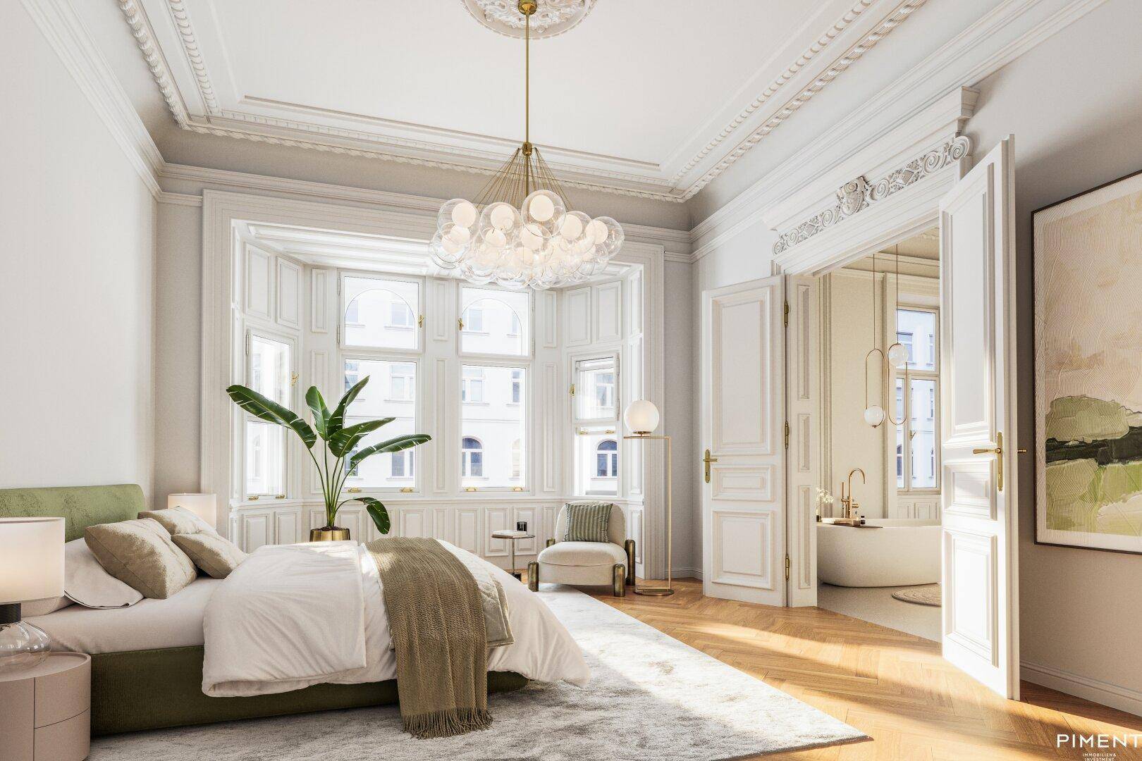 Geräumiges Schlafzimmer mit Erkerfenstern, Parkettboden und Zugang zum Badezimmer.