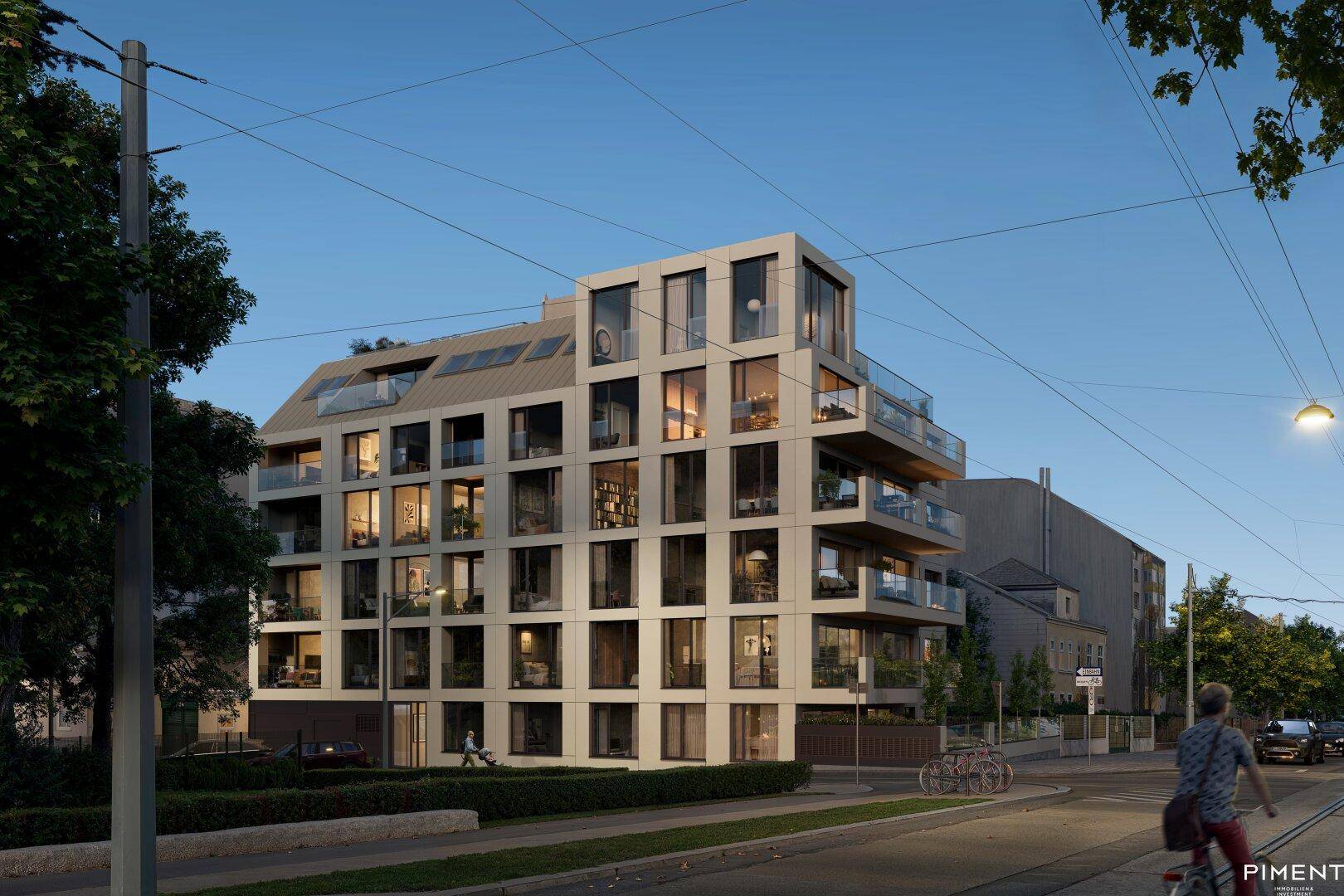 Modernes Mehrfamilienhaus mit zeitgenössischer Architektur und großen Fenstern an einer städtischen Straße.