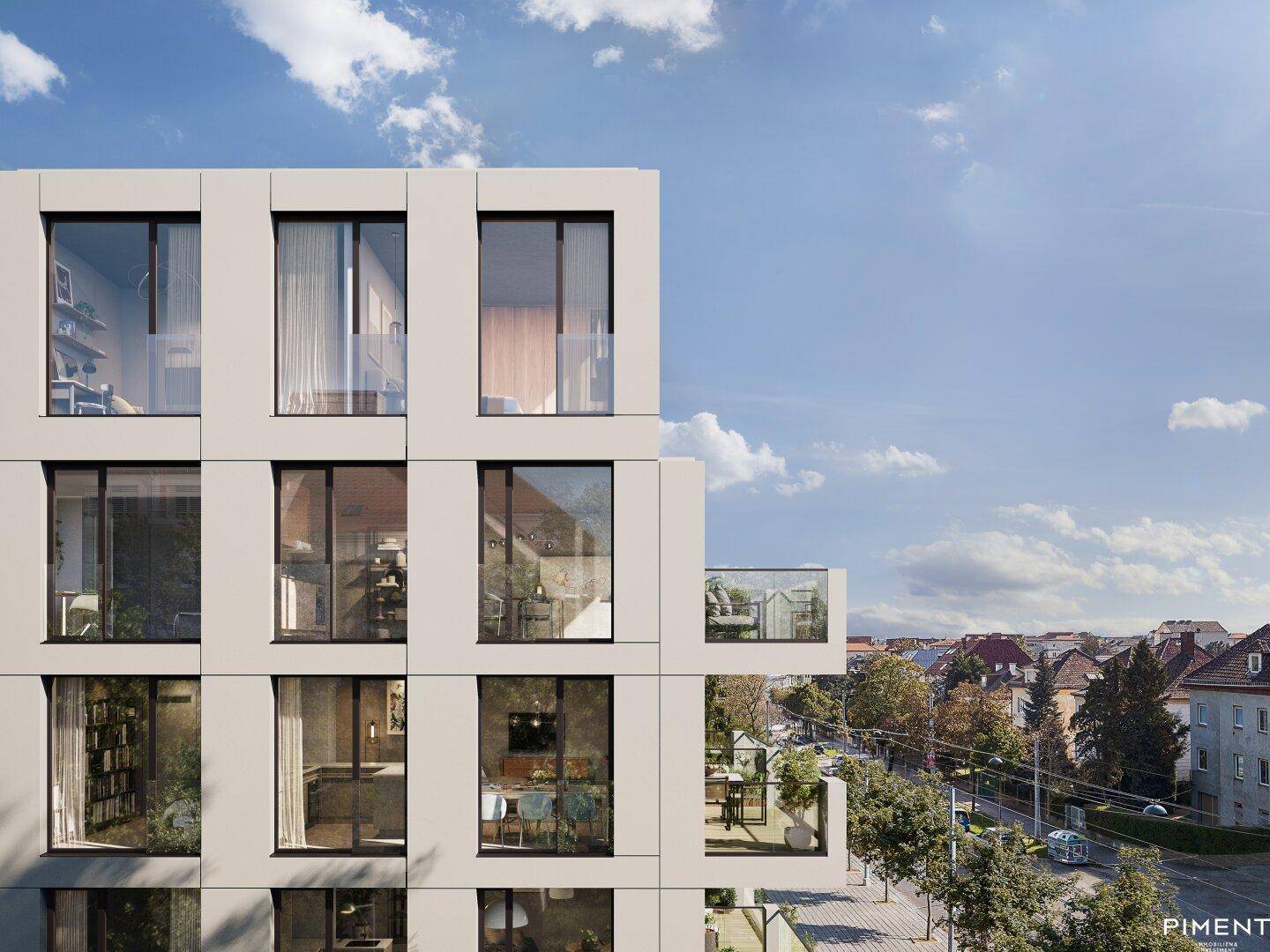 Detailansicht der modernen Gebäudefassade mit großen Fenstern und einem kleinen Balkon, Blick auf die Stadt.