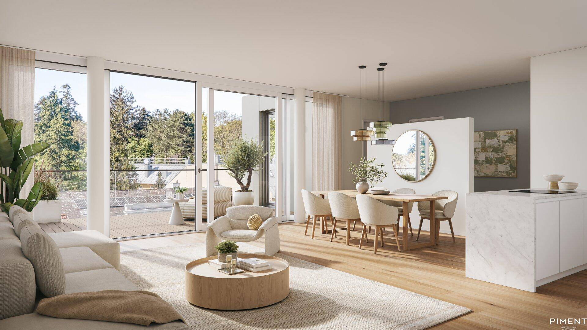 Heller, offener Wohn-Essbereich mit Holzboden, modernen Möbeln und Zugang zu einem Balkon.