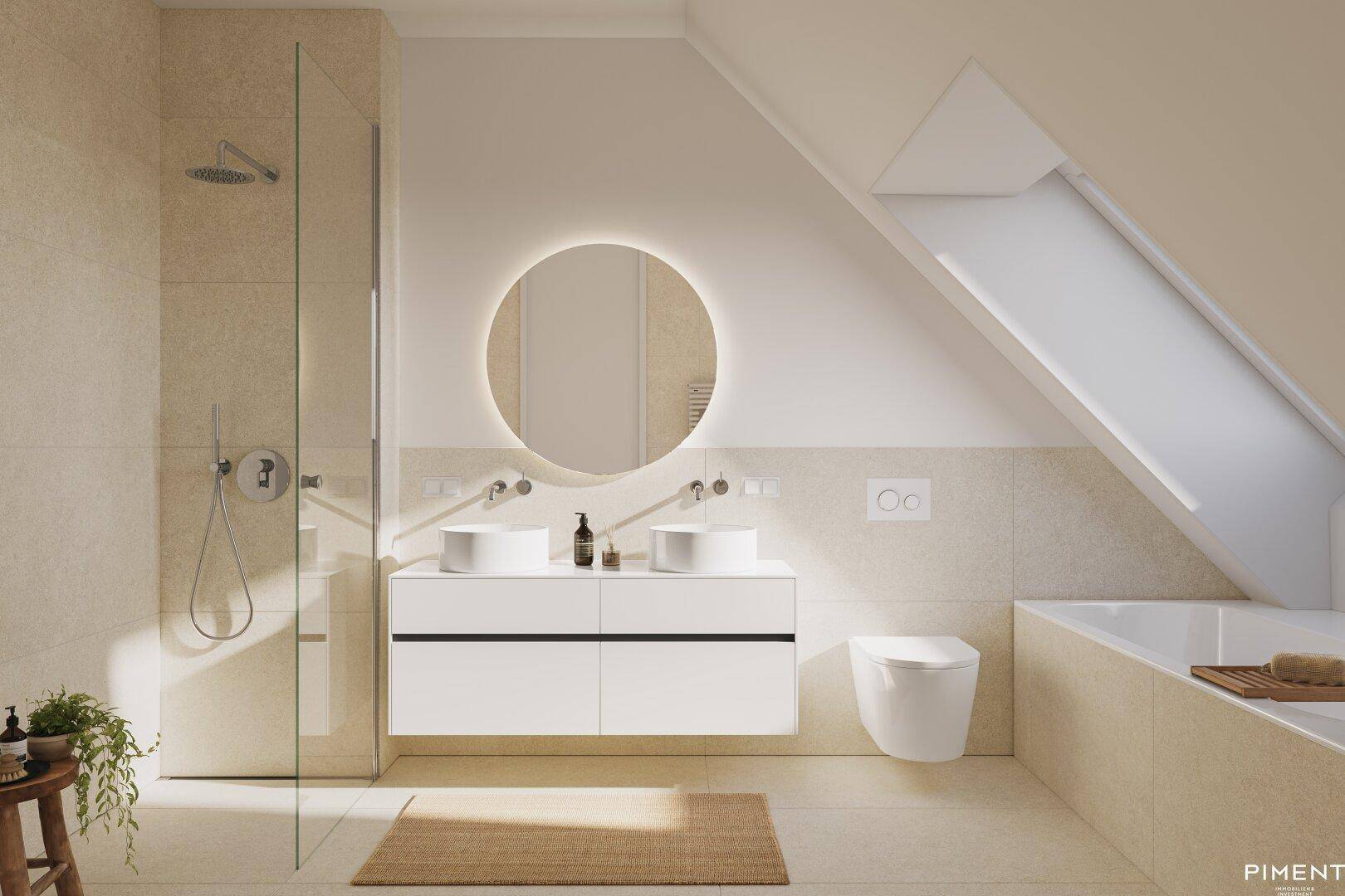 Modernes Badezimmer mit begehbarer Dusche, Doppelwaschbecken, Badewanne und Dachfenster unter einer Dachschräge.