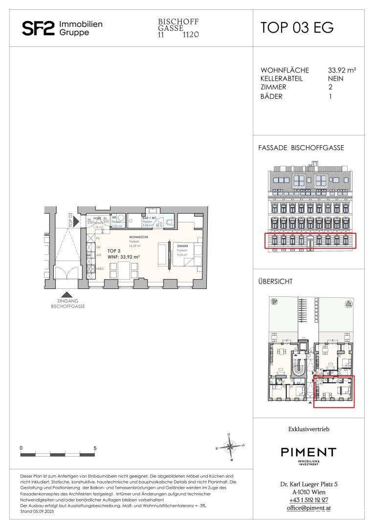 Grundriss der Wohnung TOP 03 EG mit 33,92 m² Wohnfläche und zwei Zimmern.