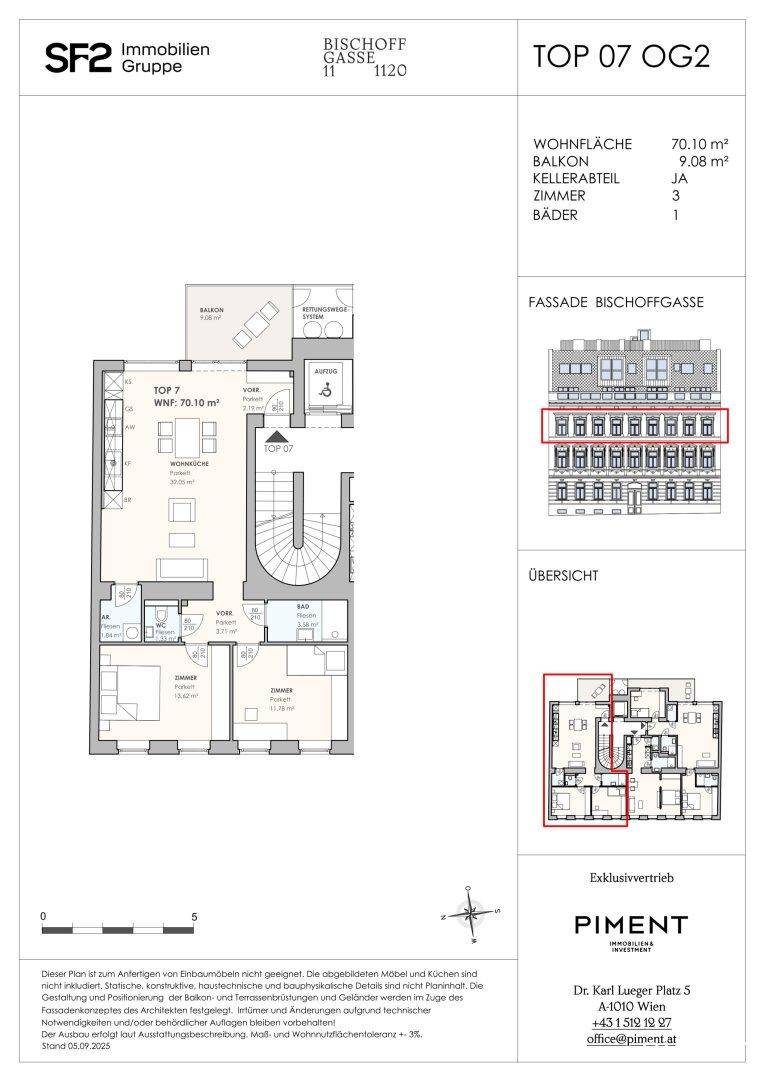 Grundriss einer Wohnung mit offenem Wohnbereich, zwei Schlafzimmern, Bad, separatem WC und Balkon.
