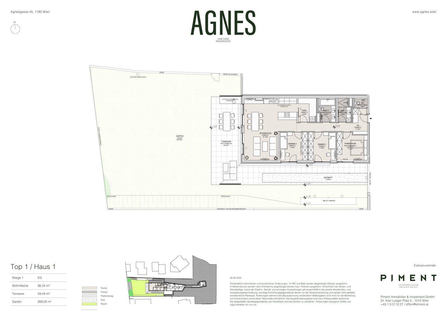 Detaillierter Grundriss von Top 1 / Haus 1 mit Garten und Terrasse.
