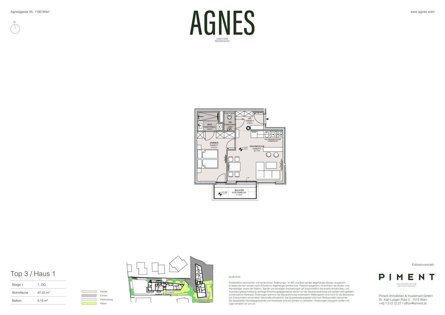 Detaillierter Grundriss einer Wohnung mit einem Schlafzimmer, Bad und offenem Wohnbereich.