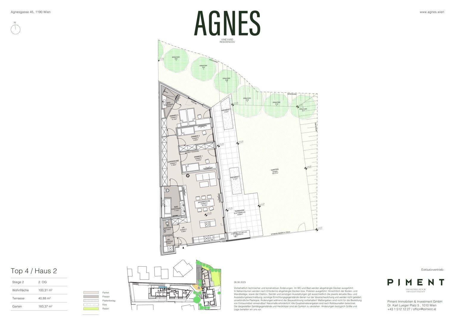 Detaillierter Grundriss einer Wohnung mit Garten und Terrasse.