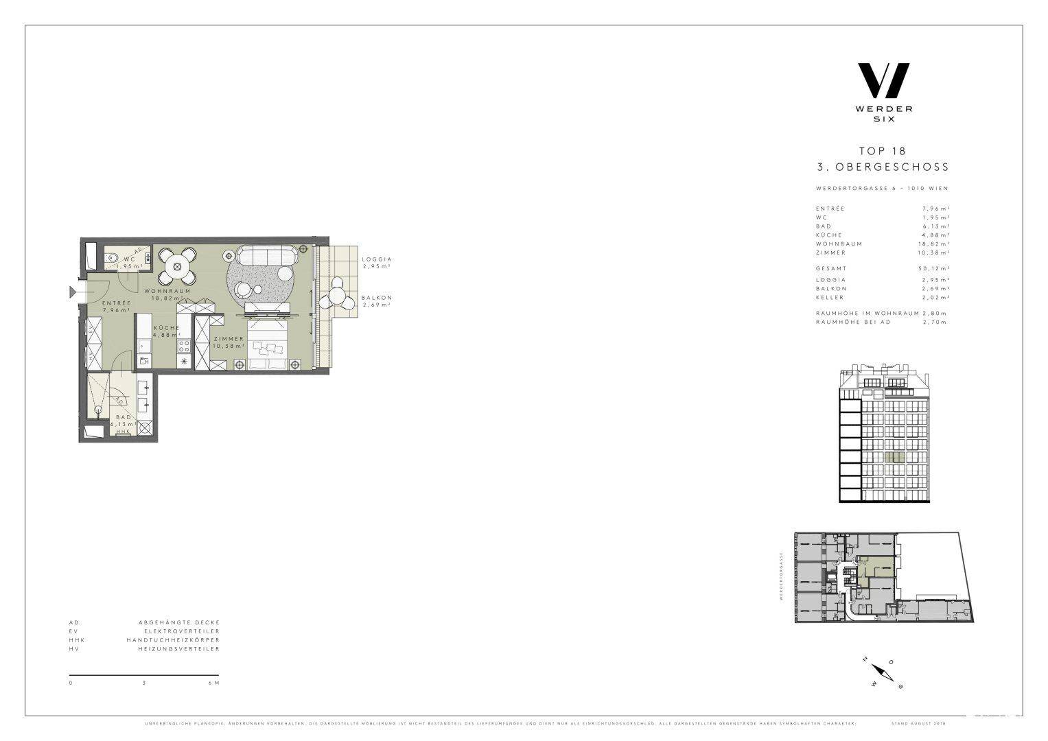 Grundriss der Wohnung Top 18 im dritten Obergeschoss mit Loggia und Balkon.