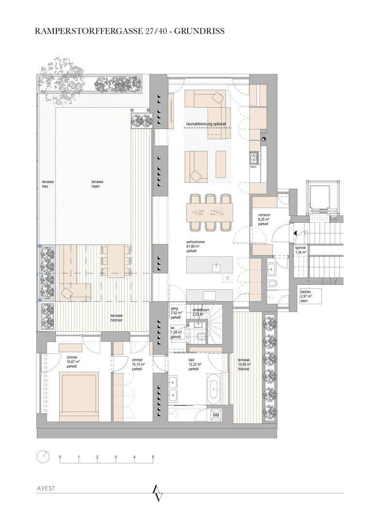 Detaillierter Grundriss einer Wohnung mit mehreren Zimmern und großer Terrasse.