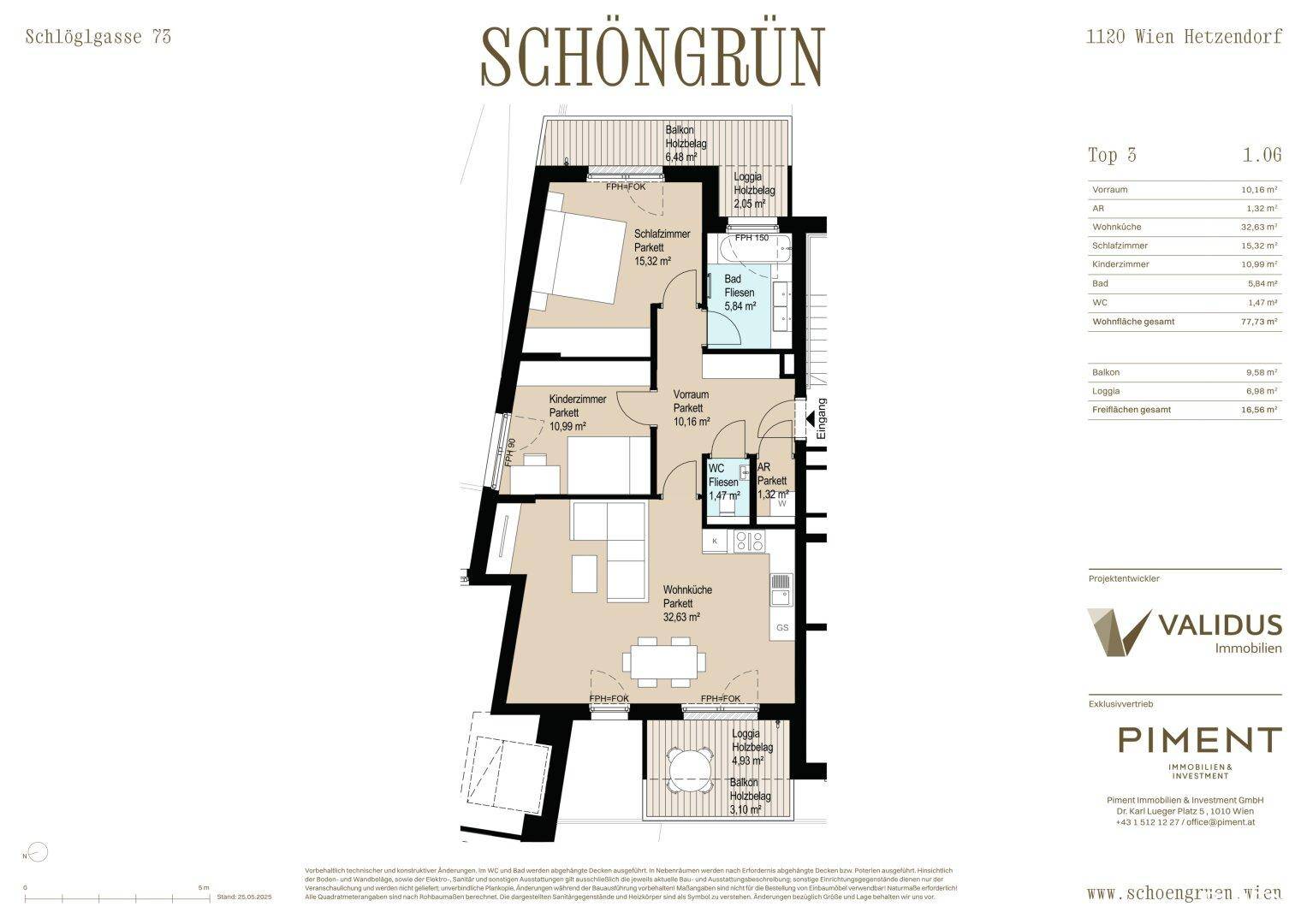 Grundriss einer Wohnung mit Balkon, Loggia und drei Zimmern, inklusive Flächenangaben.
