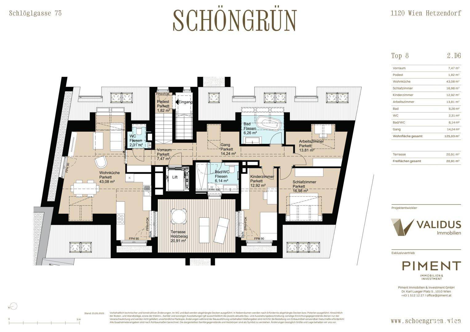 Grundriss einer Wohnung mit offenem Wohnbereich, mehreren Schlafzimmern, Bädern und einer Terrasse.