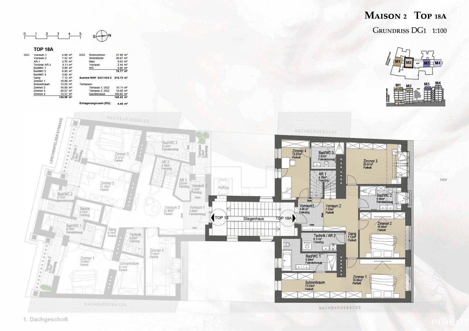 Grundriss des Dachgeschosses mit mehreren Zimmern und Bädern.