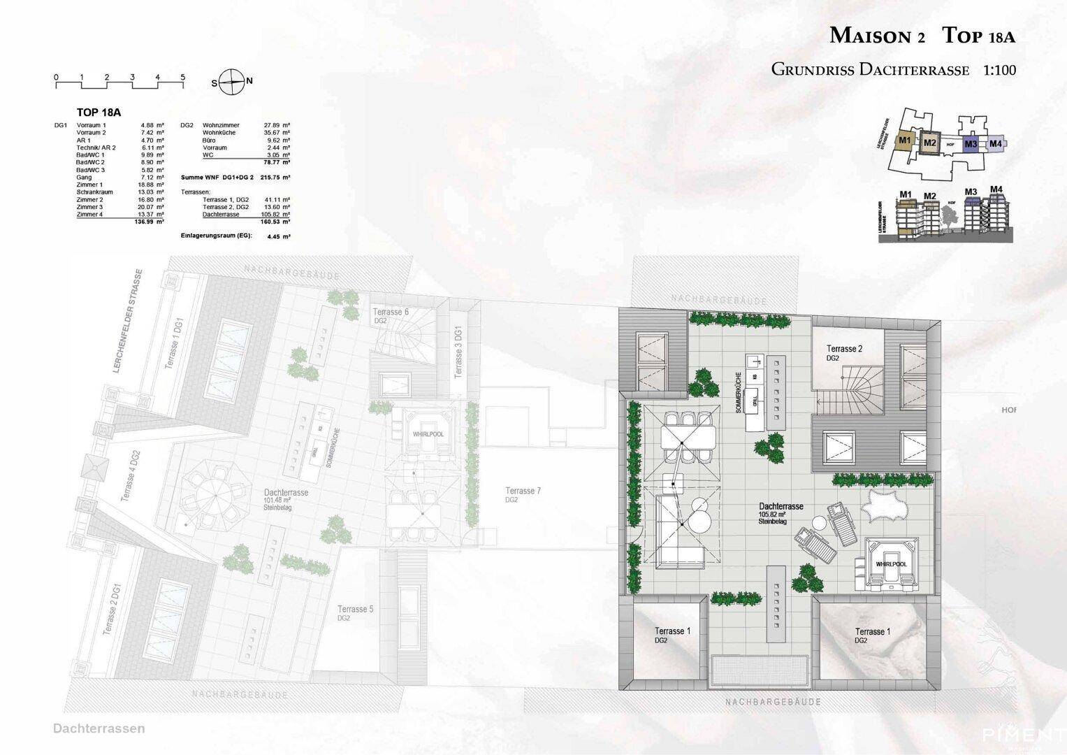Grundriss der Dachterrassen mit Whirlpool und Sitzbereichen.