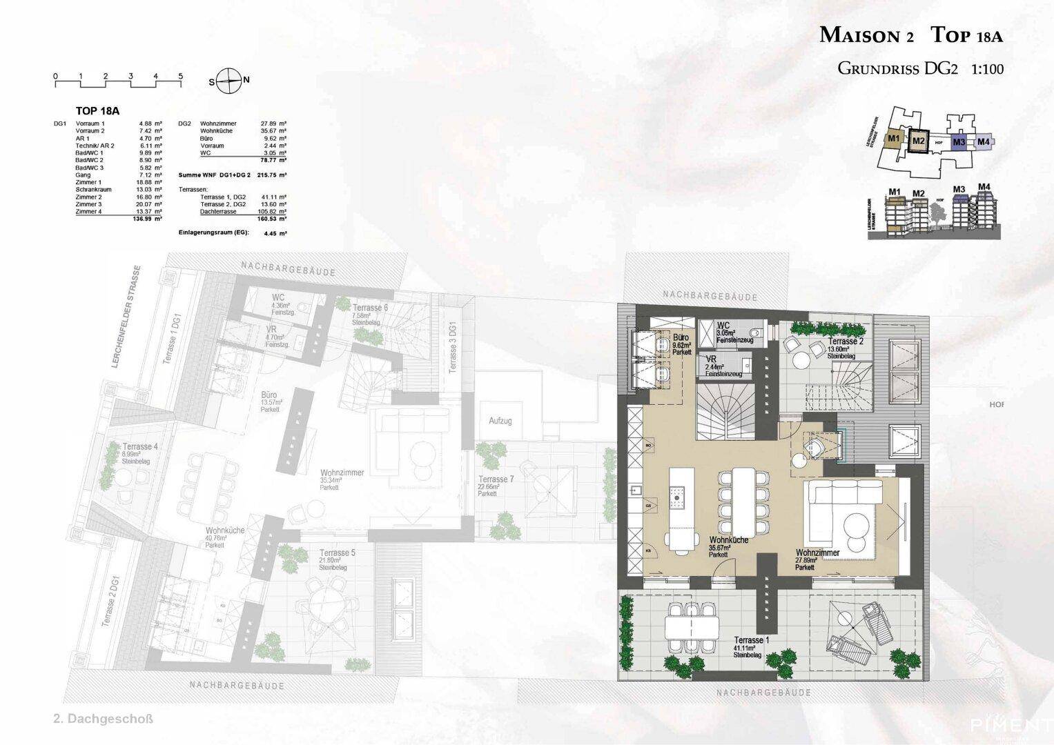Grundriss des Dachgeschosses mit offenem Wohnbereich und Terrassen.