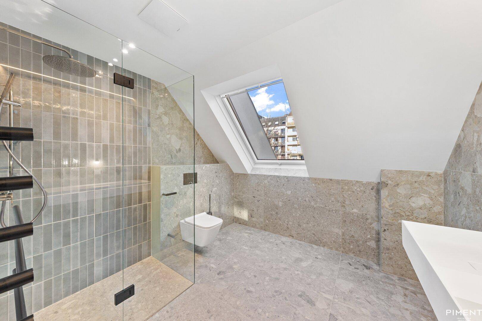 Modernes Badezimmer mit begehbarer Dusche, Dachfenster und eleganten Fliesen.
