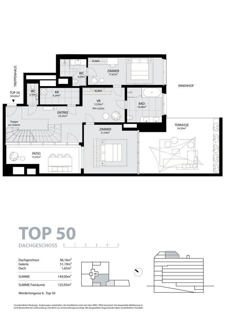 Grundriss des Dachgeschosses mit zwei Zimmern, Bad, zwei WCs, Terrasse und Patio.