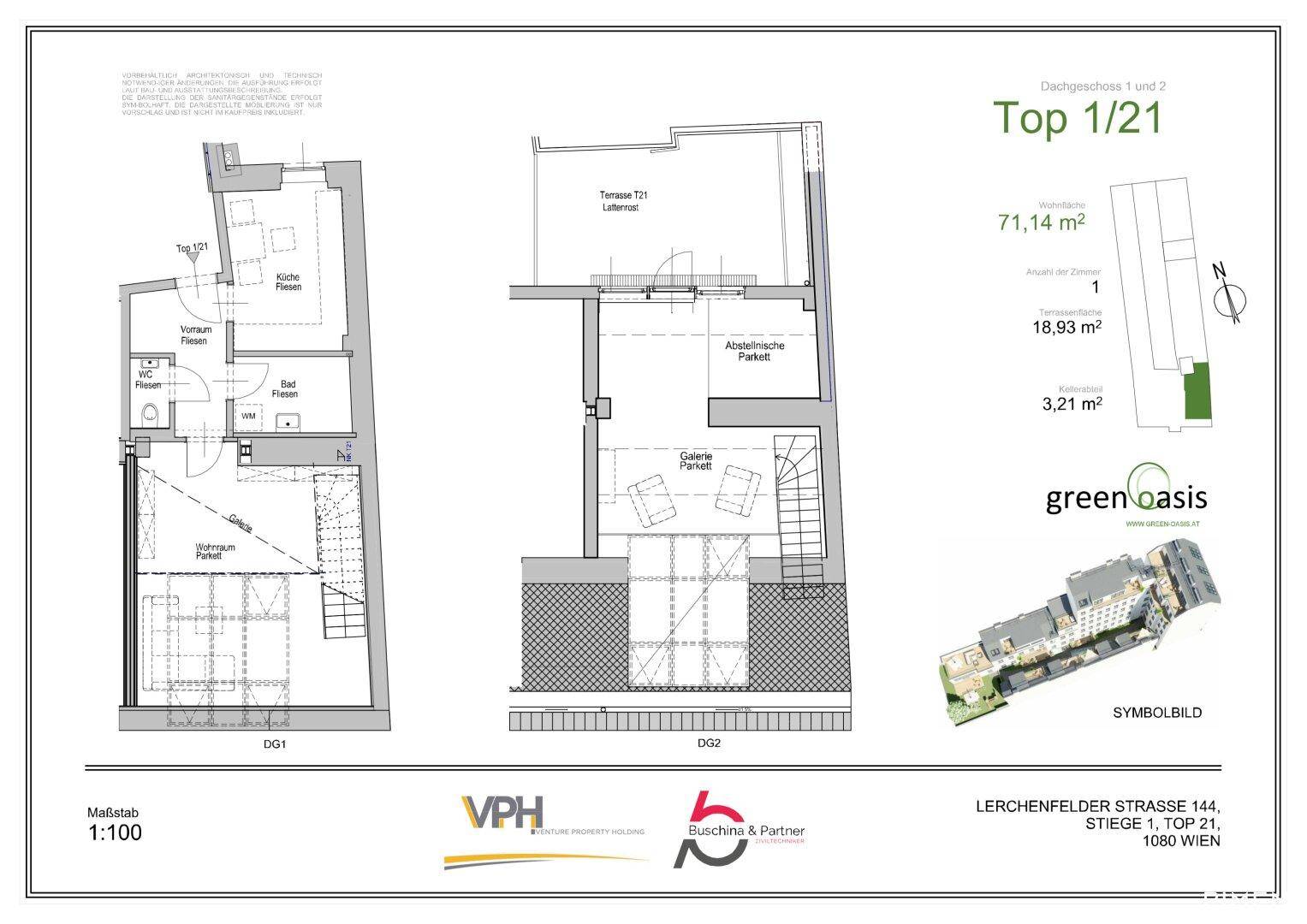 Detaillierter Grundriss der Maisonette-Wohnung über zwei Dachgeschosse mit Terrasse und Galerie.