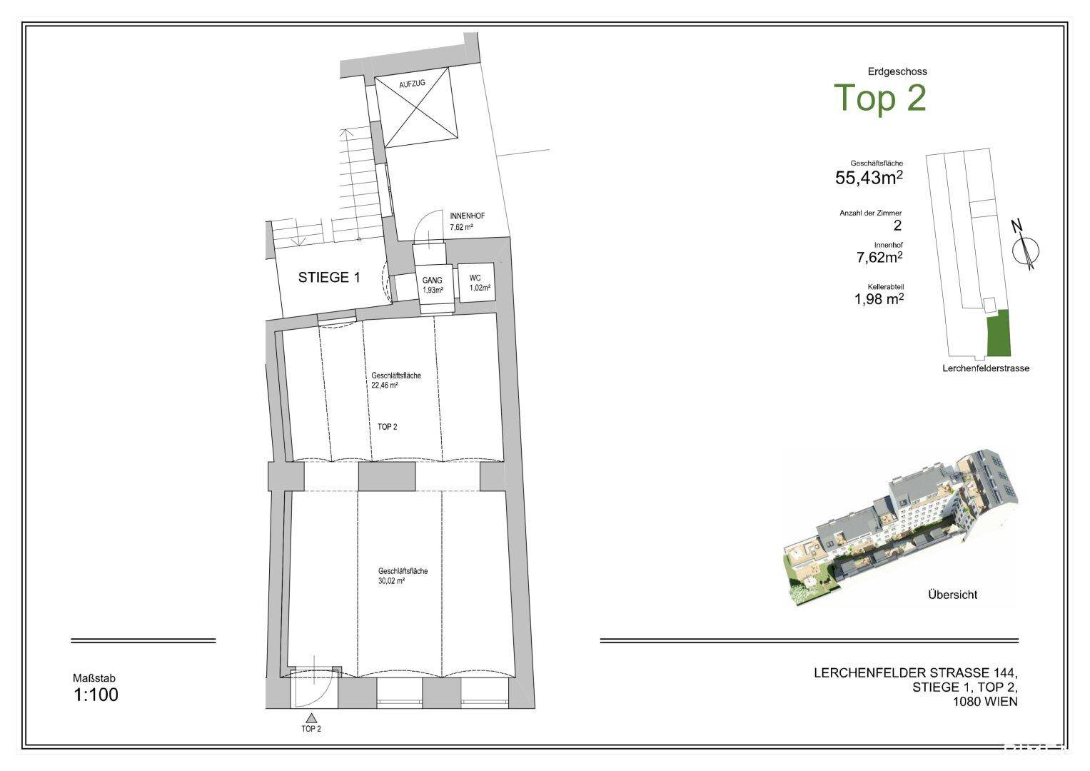 Grundriss der Einheit Top 2 mit 55,43m² Geschäftsfläche und Innenhofzugang.
