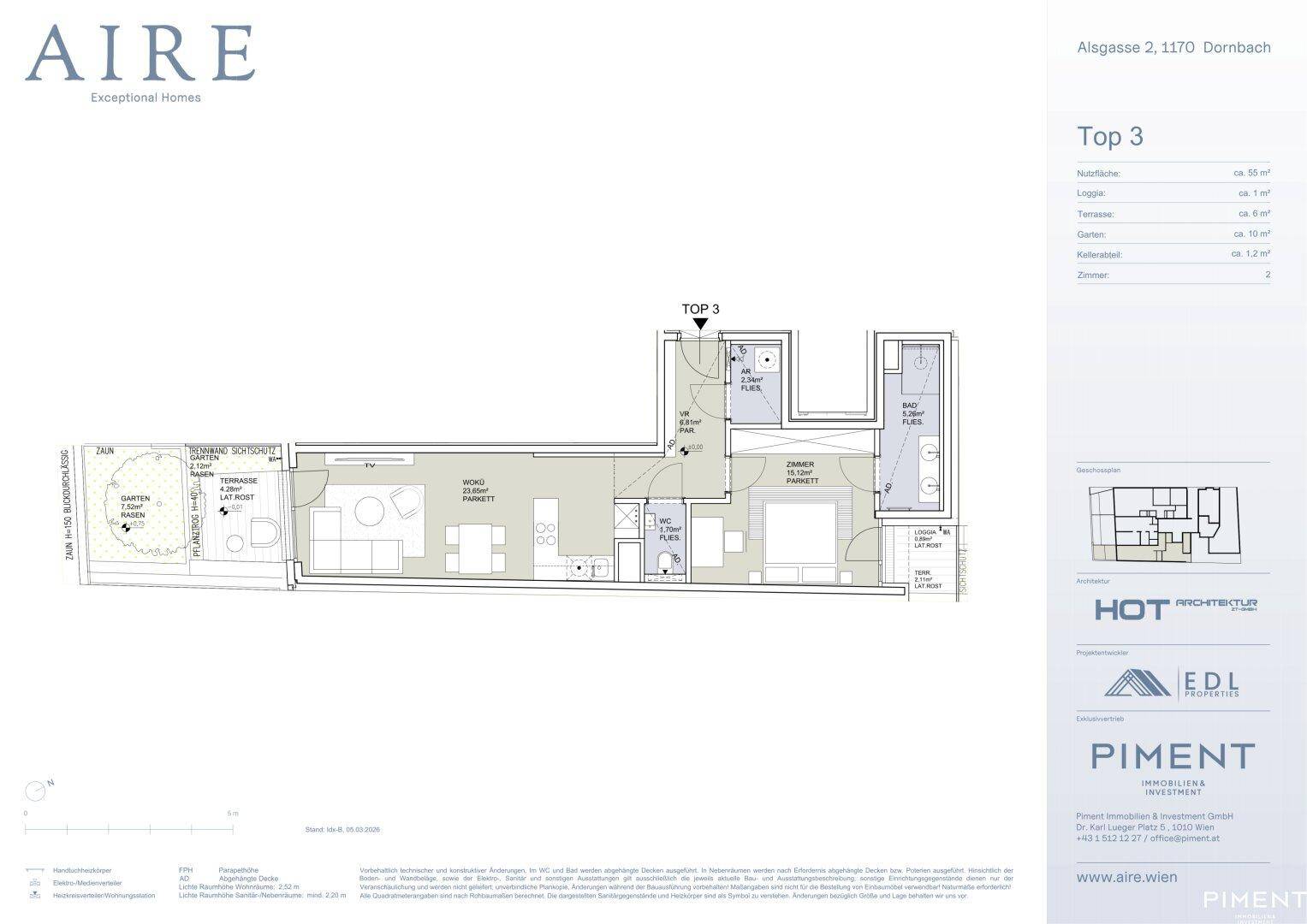 Detaillierter Grundriss der Wohnung Top 3 mit Garten, Terrasse und offenem Wohnbereich.