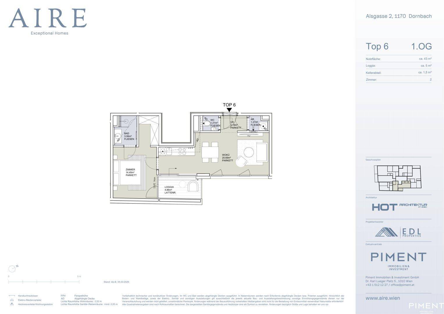 Grundrissplan einer Wohnung mit offenem Wohn-Essbereich, separatem Schlafzimmer, Bad mit Dusche und Badewanne sowie einer Loggia.