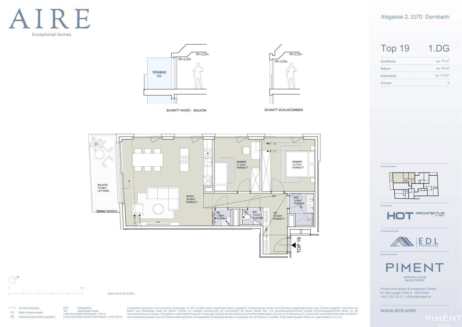 Detaillierter Grundriss einer modernen Wohnung mit offenem Wohnbereich, zwei Schlafzimmern, Balkon und separatem WC.