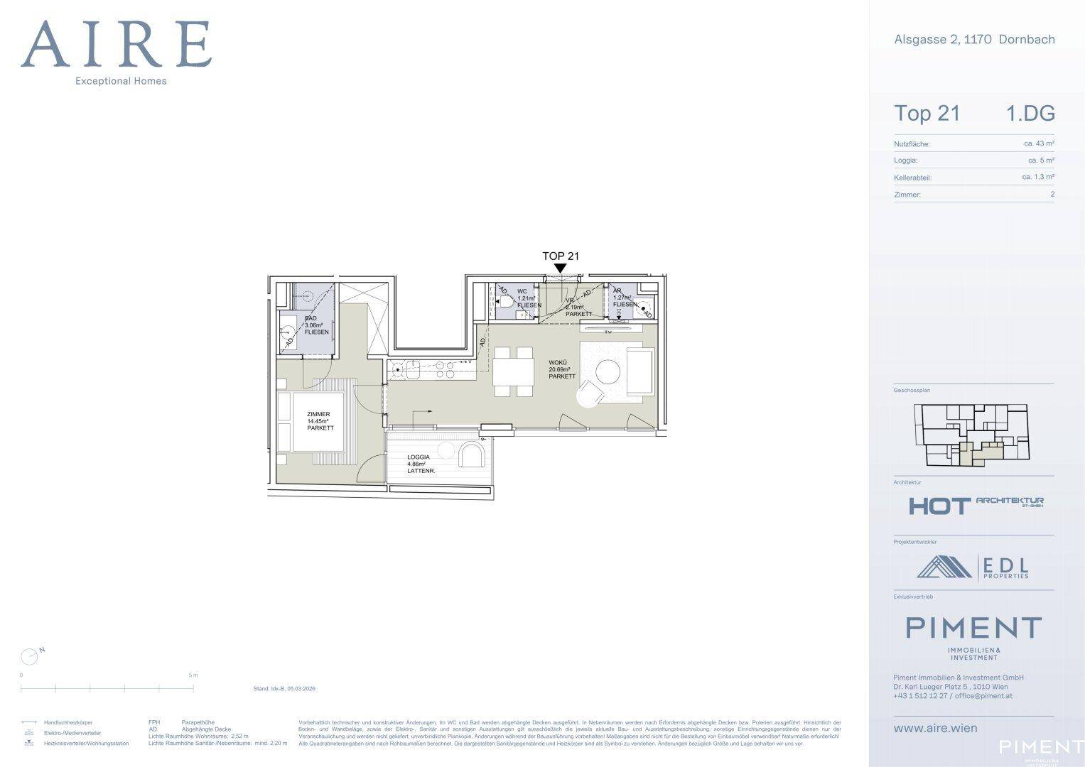 Grundriss der Wohnung Top 21 mit offenem Wohnbereich, zwei Bädern, separatem WC und einer Loggia.