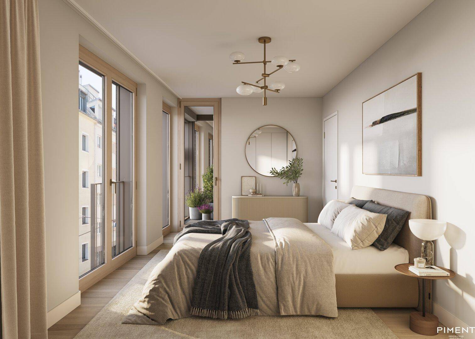 Helles Schlafzimmer mit modernem Bett, Holzboden und Zugang zu einem französischen Balkon.