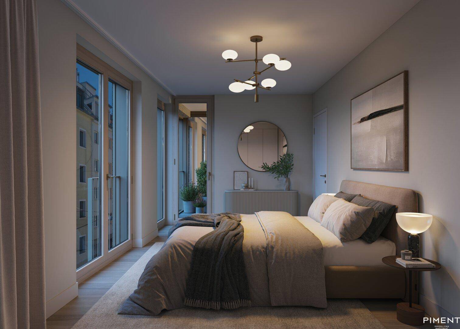 Gemütliches Schlafzimmer am Abend mit indirekter Beleuchtung und Zugang zu einem französischen Balkon.