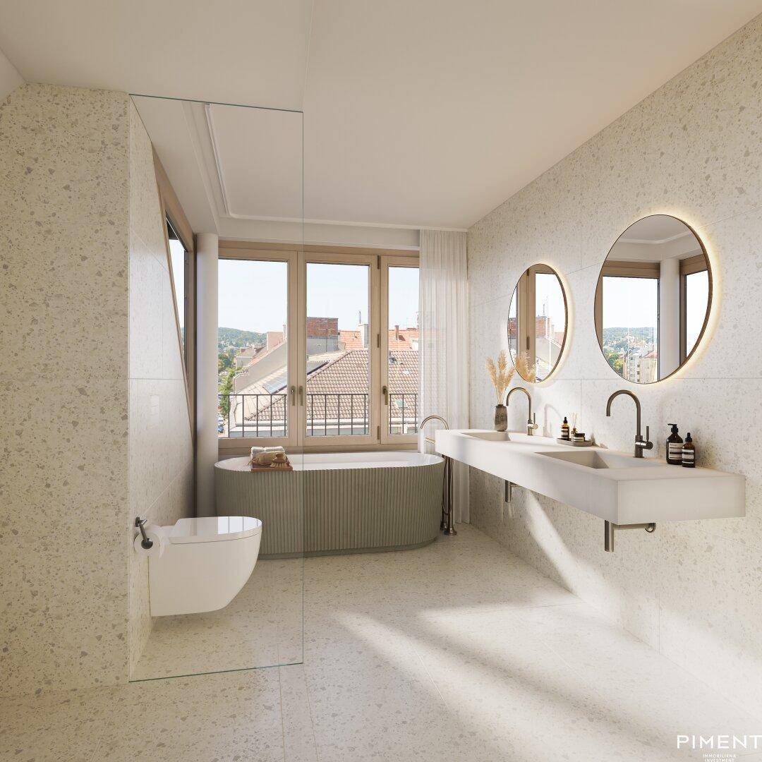 Modernes Badezimmer mit Doppelwaschbecken, freistehender Badewanne und großem Fenster.