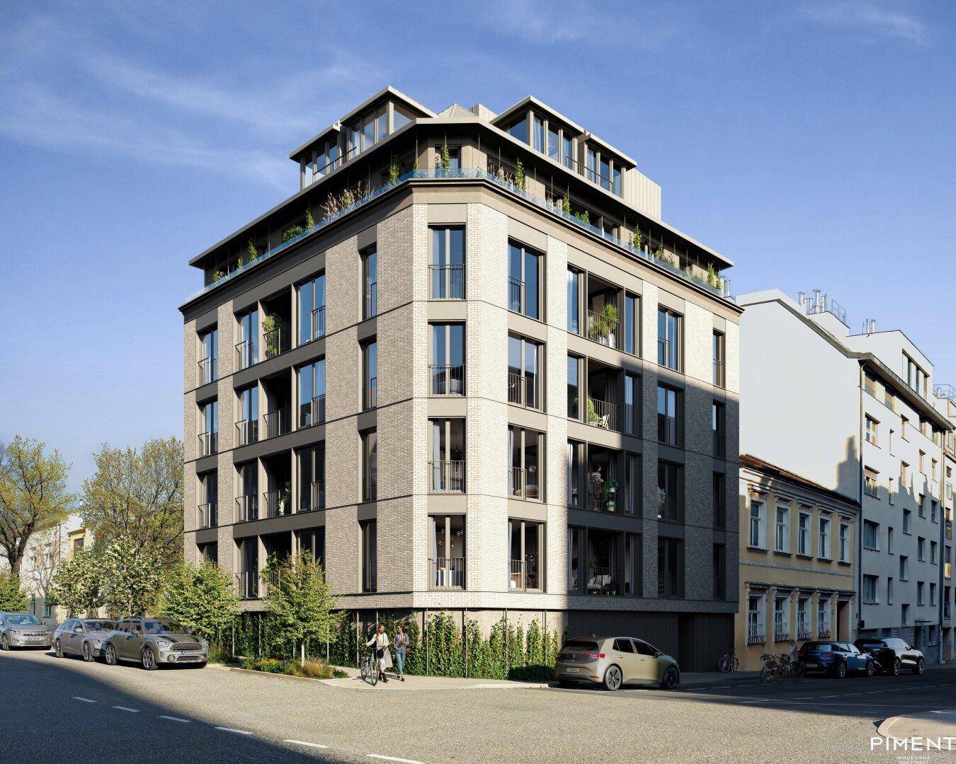 Moderne Wohnanlage mit ansprechender Architektur, großen Fenstern und begrünten Balkonen.