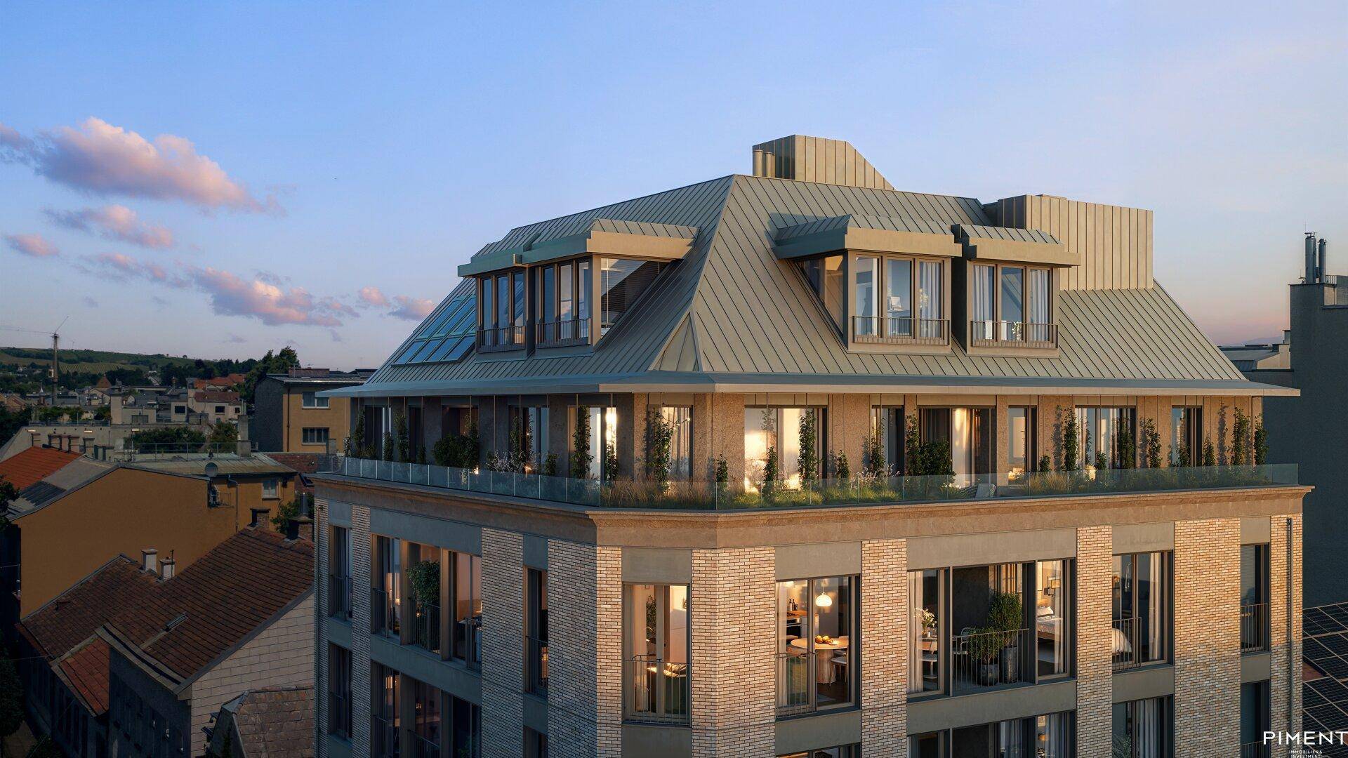 Dachansicht eines modernen Gebäudes mit Mansarddach, Dachterrassen und weitem Blick über die Stadt.