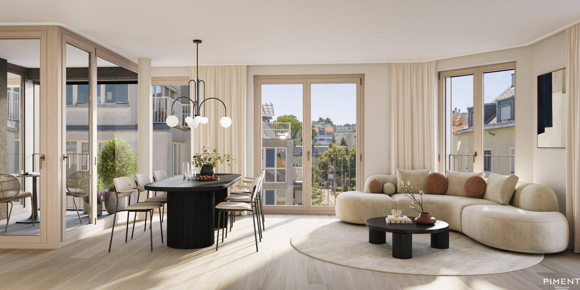 Heller Wohn- und Essbereich mit großen Fenstern, modernem Mobiliar und Zugang zum Balkon.