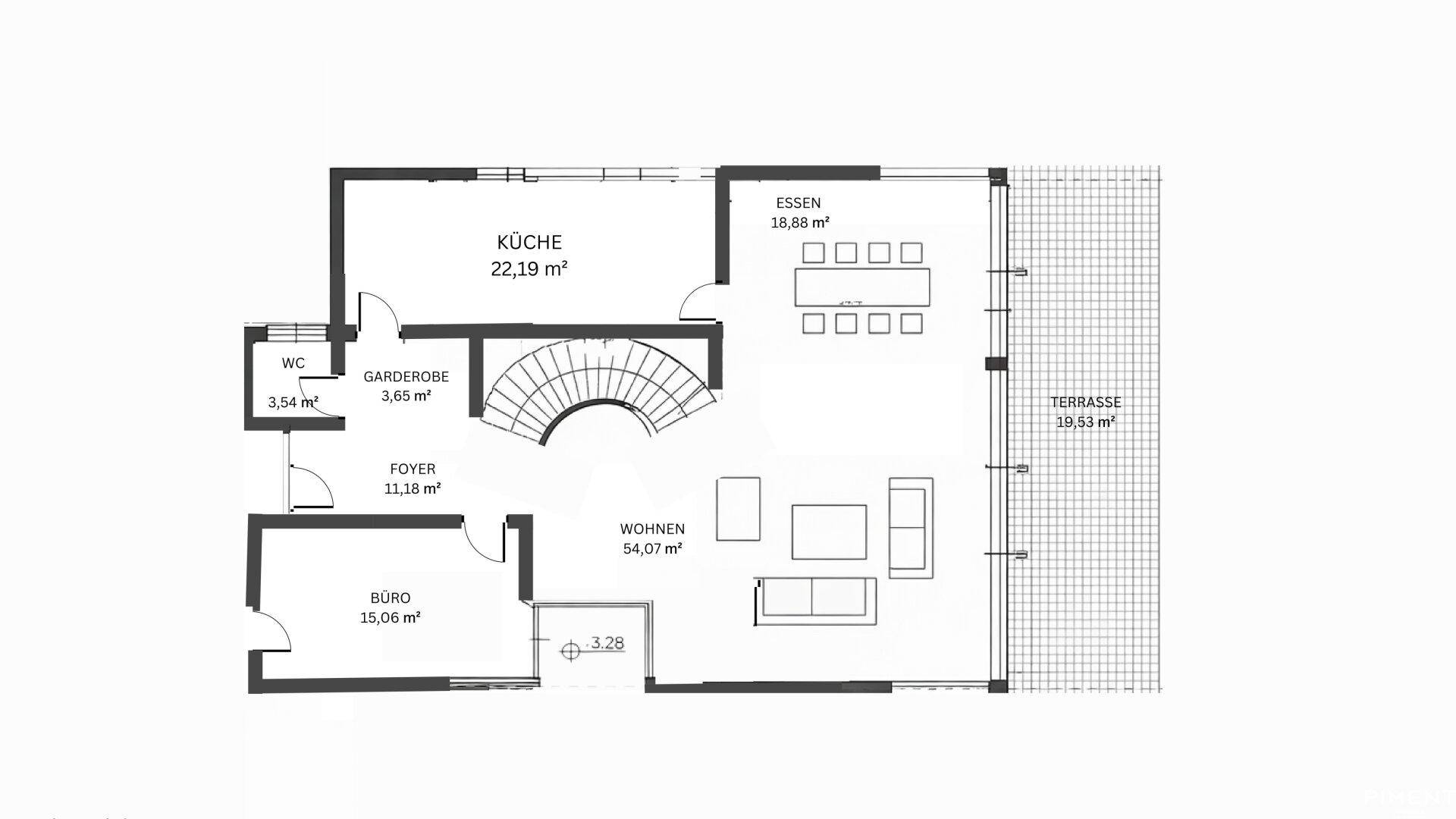 Grundriss des Erdgeschosses mit offener Küche, Wohn- und Essbereich, Büro und großer Terrasse.