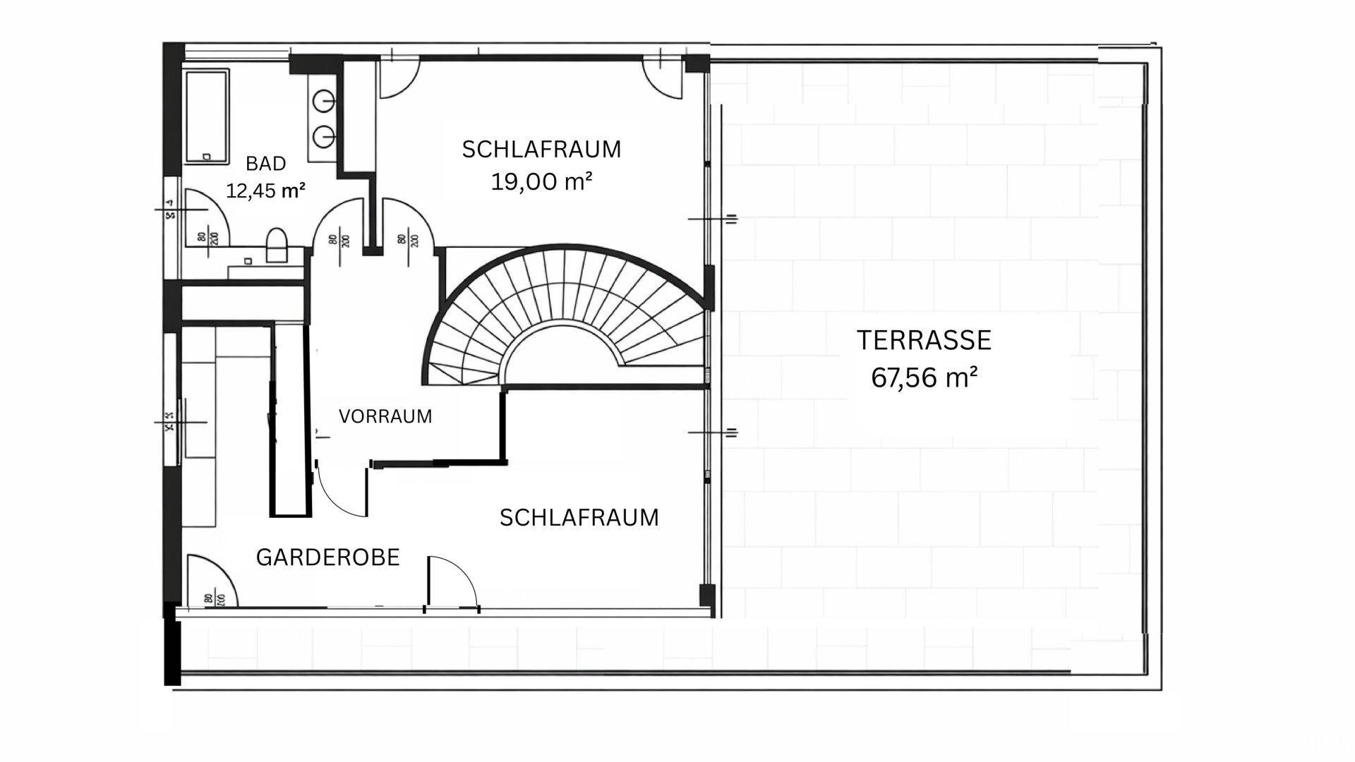 Grundriss des Obergeschosses mit Schlafzimmern, Bad, Vorraum und einer sehr großen Dachterrasse.