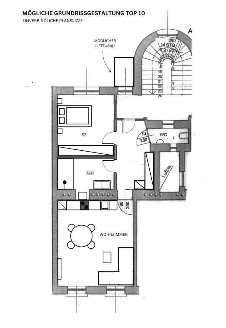 Mögliche Grundrissgestaltung des 3. Obergeschosses mit Wohnzimmer, Schlafzimmer, Bad und separatem WC.