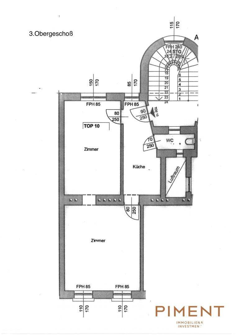 Grundriss des 3. Obergeschosses mit zwei Zimmern, separater Küche und WC sowie Treppenhauszugang.