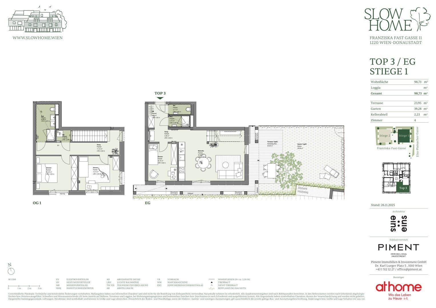 Grundriss einer Maisonette-Wohnung über zwei Ebenen mit Garten, Terrasse, Loggia und Balkon.