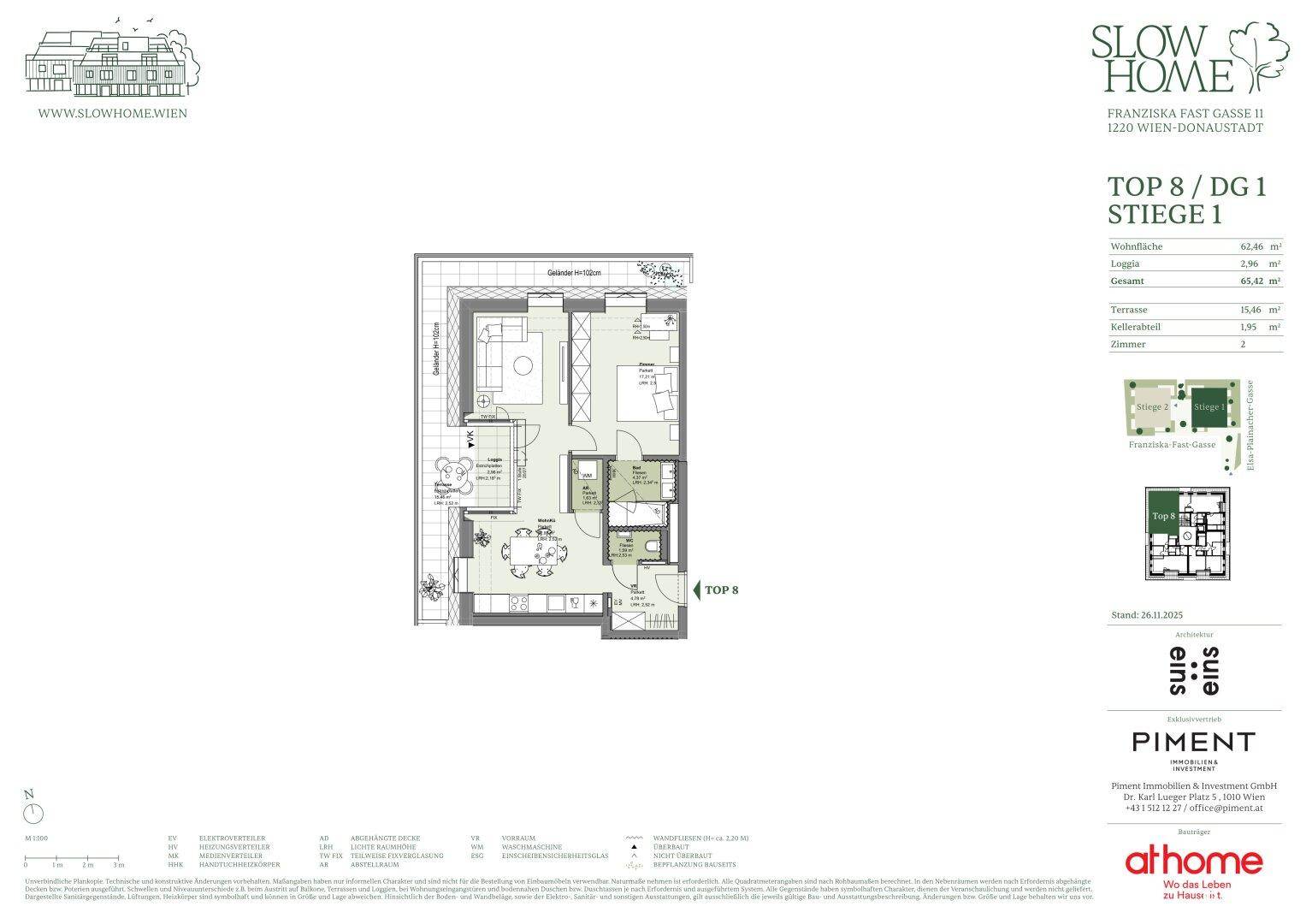 Grundrissplan einer Wohnung mit offenem Wohnbereich, einem Schlafzimmer, Bad, separatem WC, Abstellraum, Loggia und Terrasse.