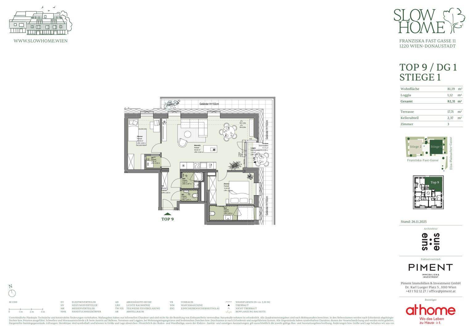 Grundrissplan einer Eckwohnung mit offenem Wohnbereich, zwei Schlafzimmern, zwei Bädern, Loggia und Terrasse.