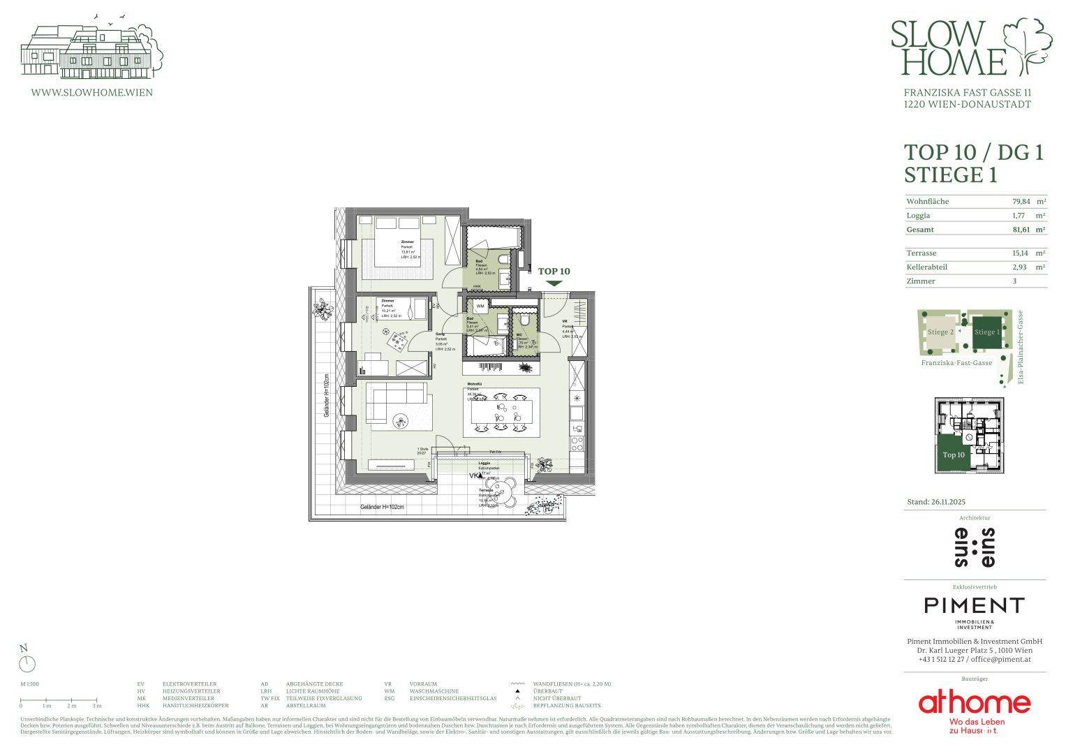Detaillierter Grundriss der Wohnung TOP 10 mit offenem Wohn-Essbereich, einem Schlafzimmer, Bad, separatem WC, Loggia und Terrasse.