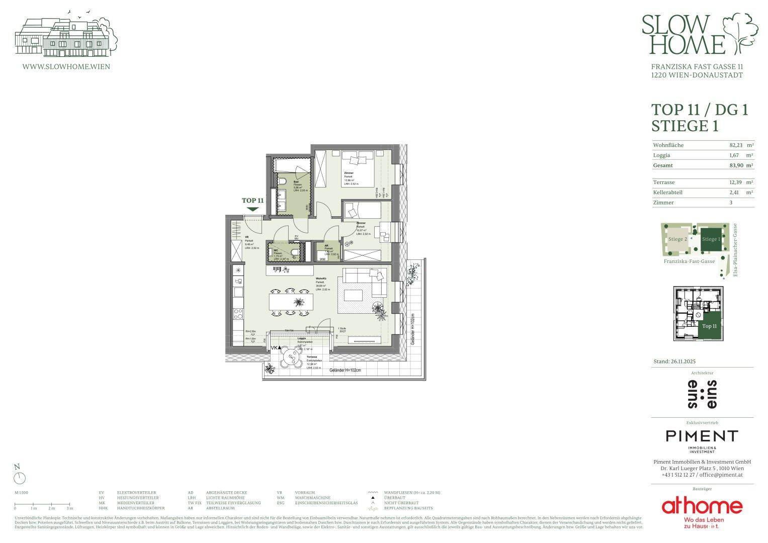 Grundriss der Wohnung TOP 11 mit offenem Wohnbereich, zwei Bädern, separatem WC, Loggia und Terrasse.