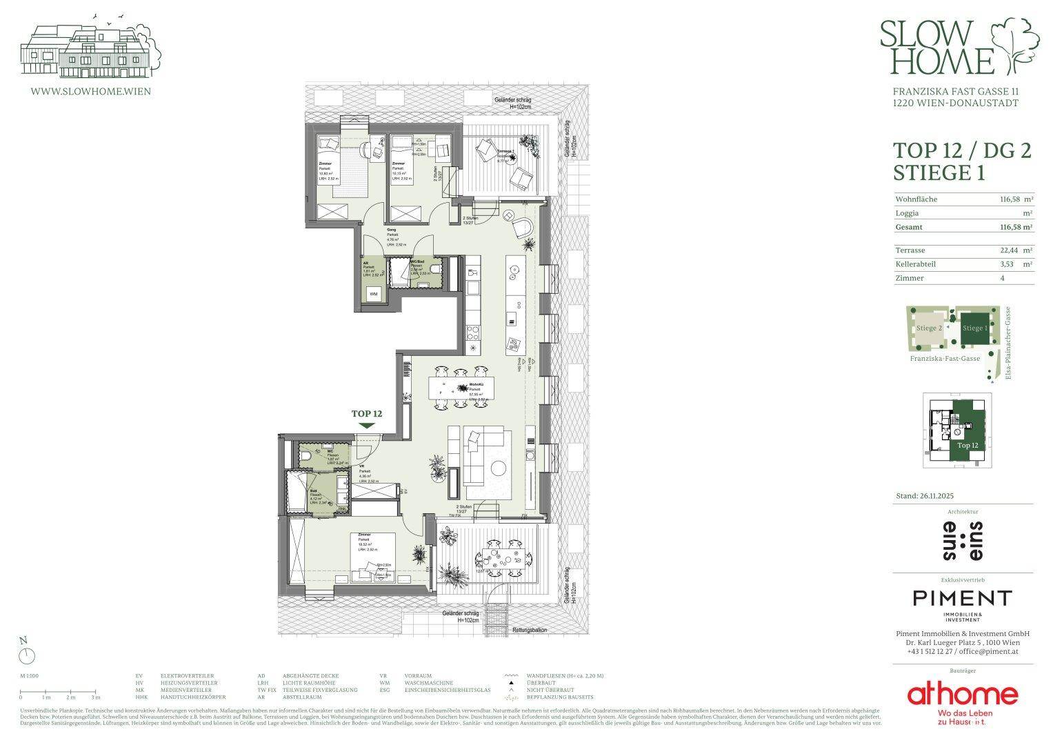 Grundrissplan einer Dachgeschosswohnung mit offenem Wohnbereich, zwei Bädern, Loggia und Terrasse.