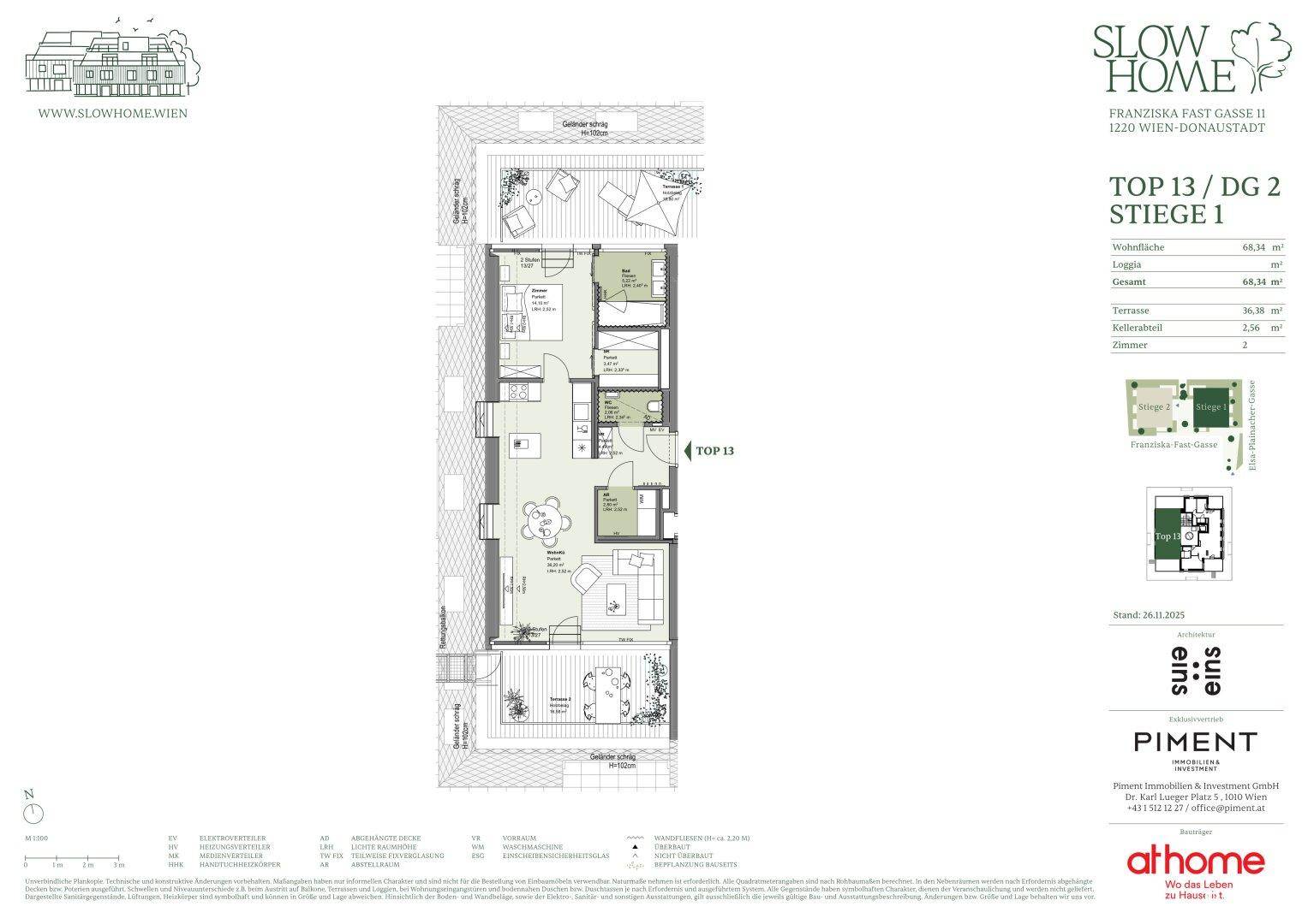 Grundriss einer modernen Wohnung mit offenem Wohnbereich, zwei Bädern, separatem WC, Loggia und großer Terrasse.
