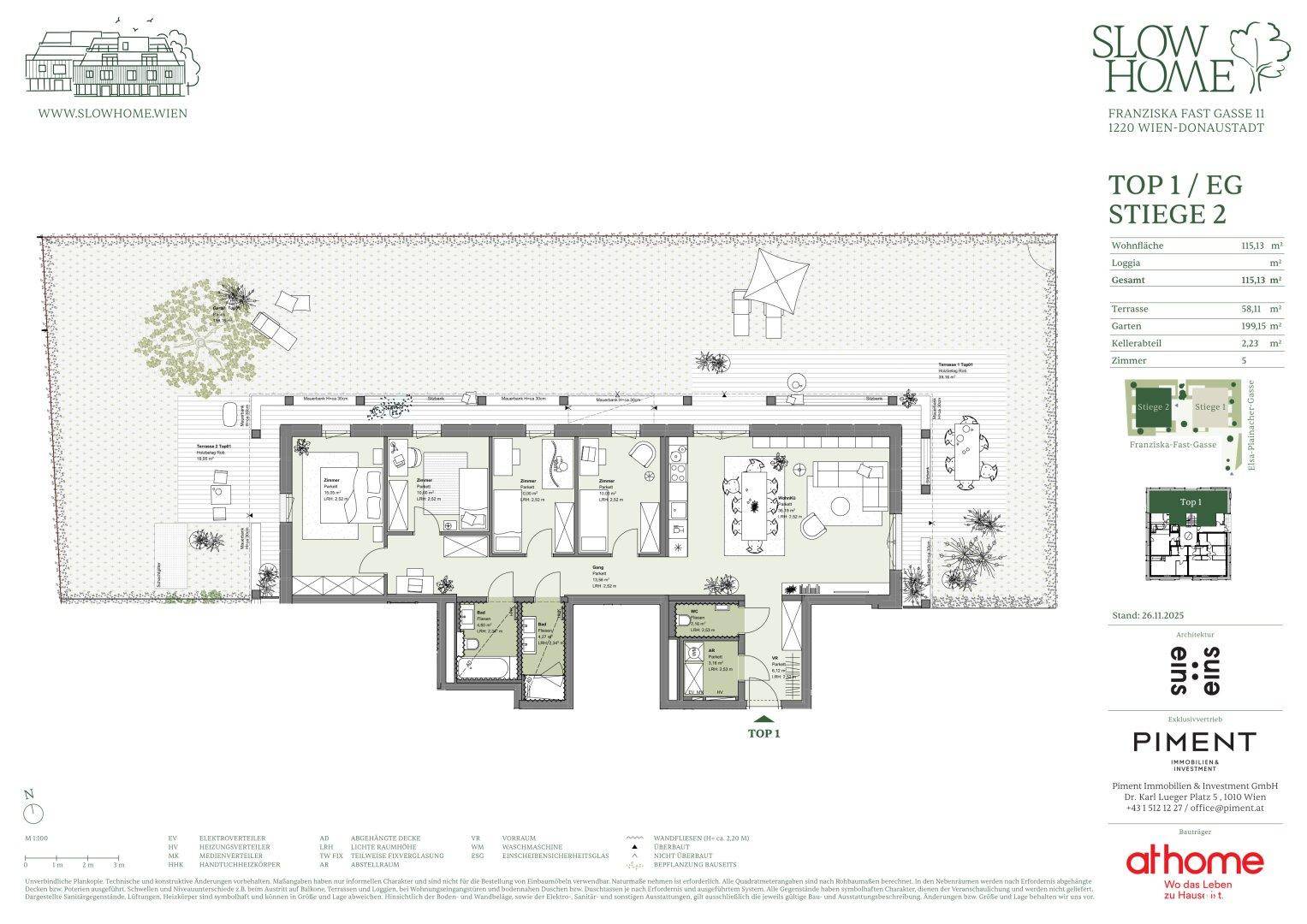 Detaillierter Grundriss einer Wohnung mit drei Schlafzimmern, großzügiger Terrasse und privatem Garten.