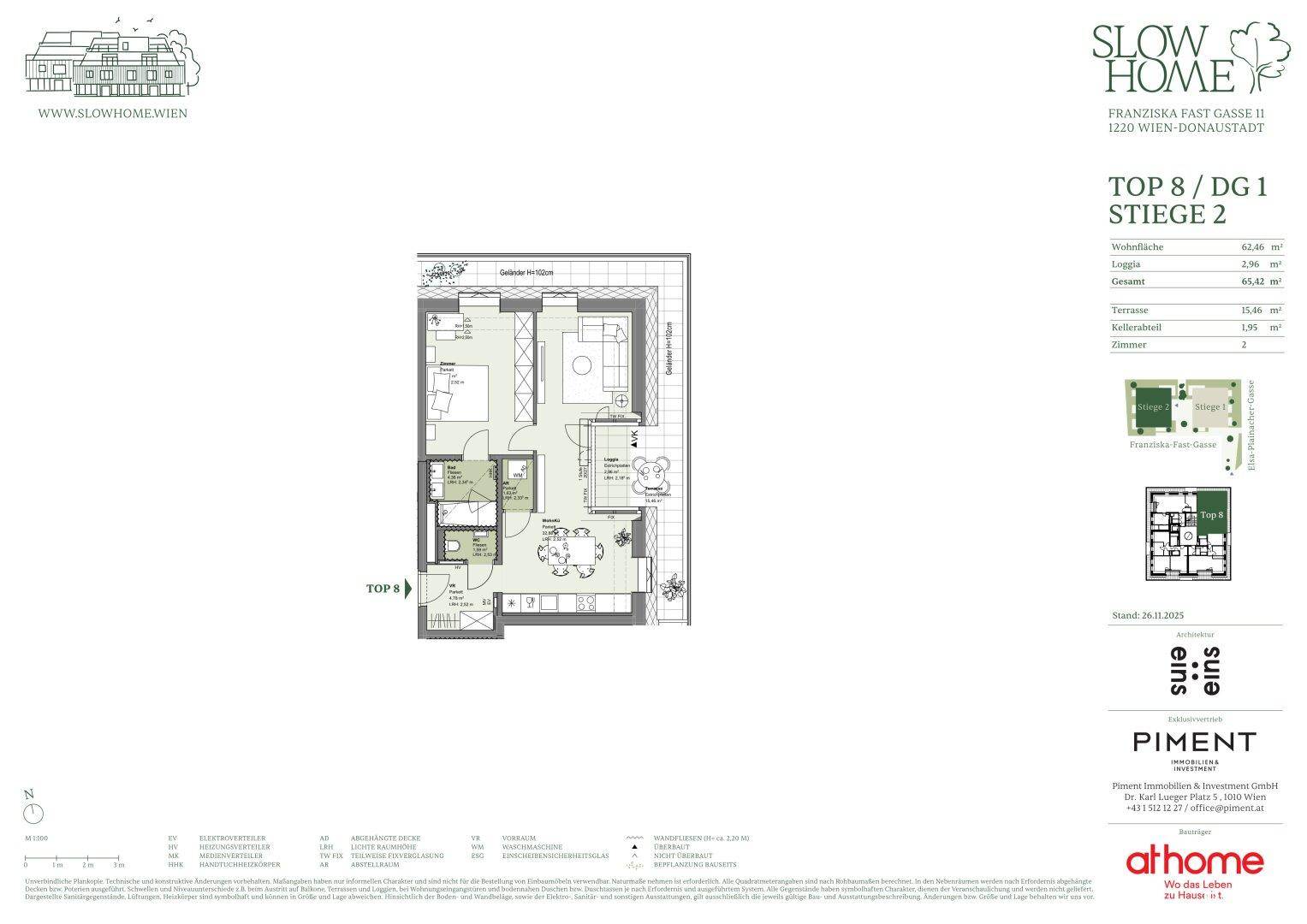 Grundrissplan einer modernen Wohnung mit offenem Wohnbereich, Loggia und Terrasse.