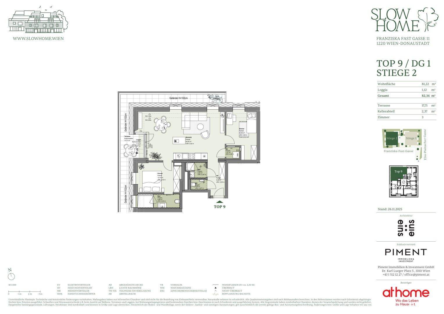 Grundrissplan einer Wohnung mit offenem Wohnbereich, Schlafzimmer, zwei Bädern, separatem WC, Loggia und Terrasse.