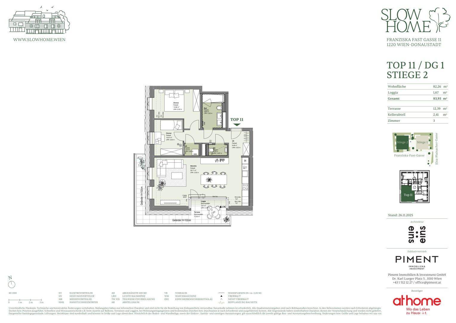 Detaillierter Grundriss einer Wohnung mit offenem Wohnbereich, zwei Schlafzimmern, zwei Bädern, separatem WC, Loggia und Terrasse.